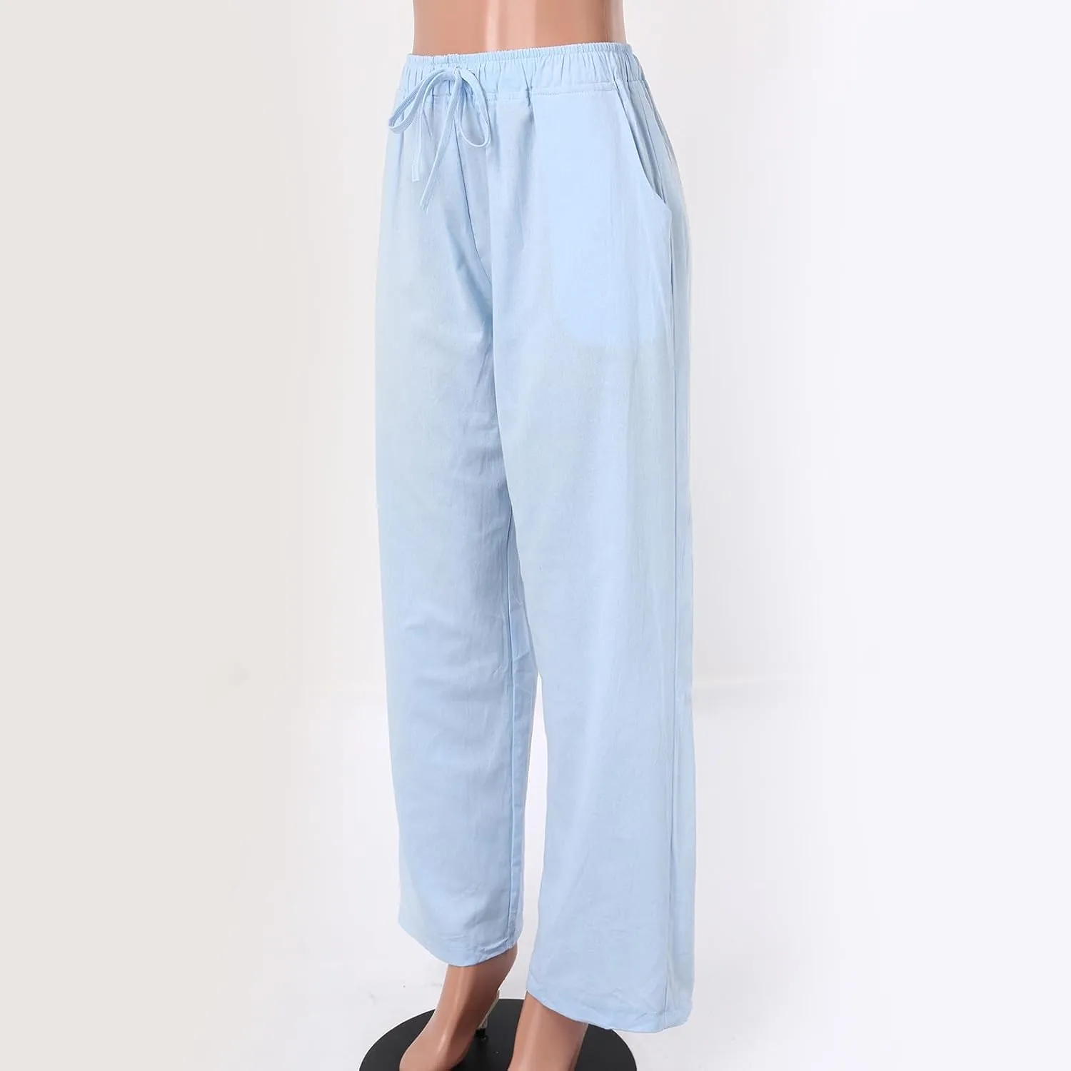 Linen Pants Women High Waist Wide Leg Pants Summer Cotton Linen Pants Casual Beach Trousers with Pockets