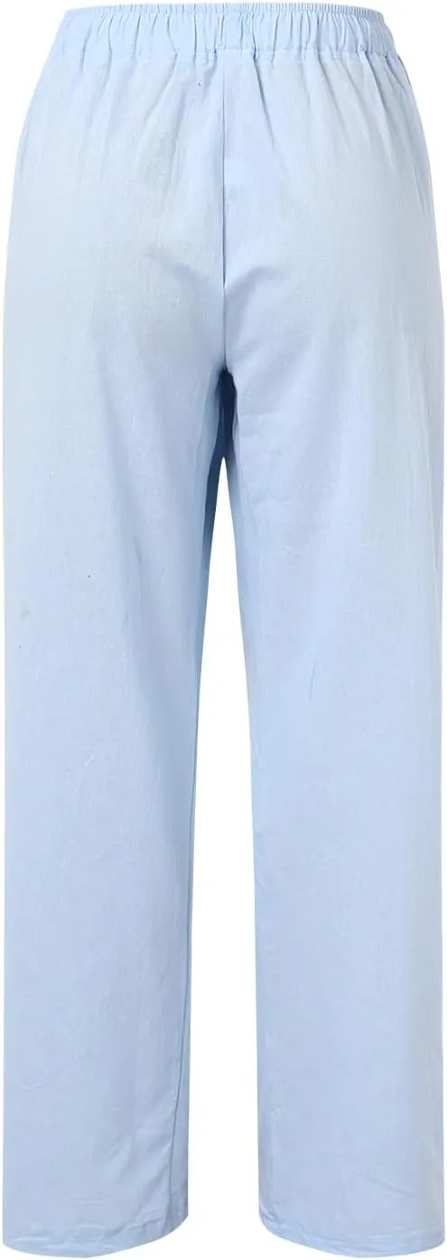 Linen Pants Women High Waist Wide Leg Pants Summer Cotton Linen Pants Casual Beach Trousers with Pockets