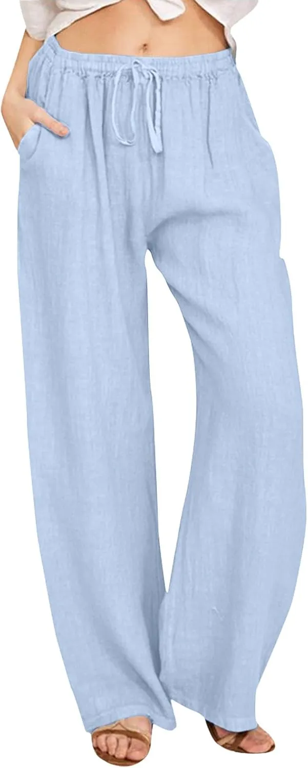 Linen Pants Women High Waist Wide Leg Pants Summer Cotton Linen Pants Casual Beach Trousers with Pockets