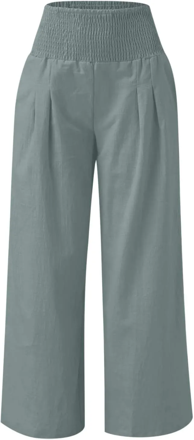 Linen Pants Women High Waisted Wide Leg Palazzo Pants Summer Beach Flowy Pants Casual Dress Pants Lounge Trousers