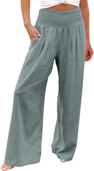 Linen Pants Women High Waisted Wide Leg Palazzo Pants Summer Beach Flowy Pants Casual Dress Pants Lounge Trousers