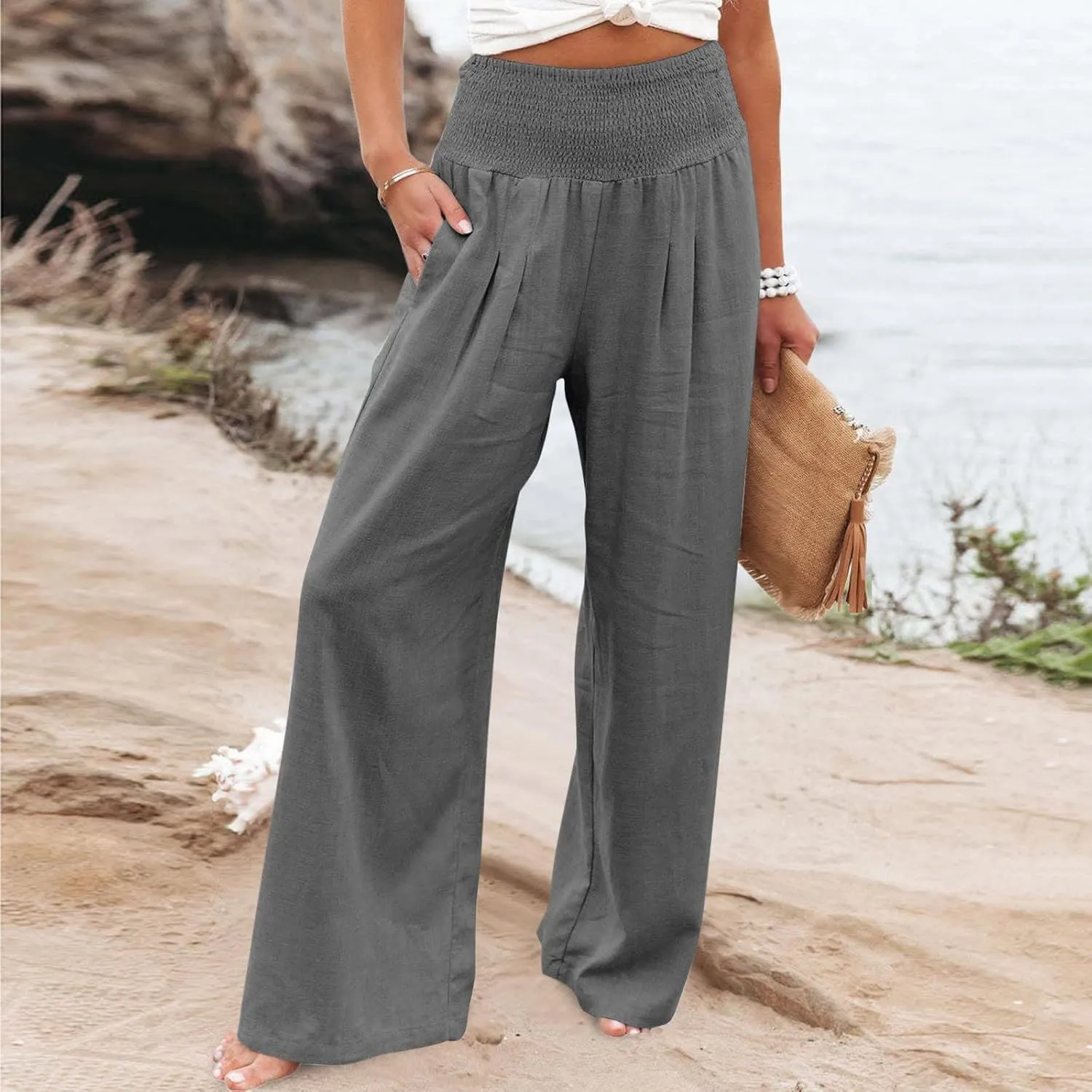 Linen Pants Women High Waisted Wide Leg Palazzo Pants Summer Beach Flowy Pants Casual Dress Pants Lounge Trousers