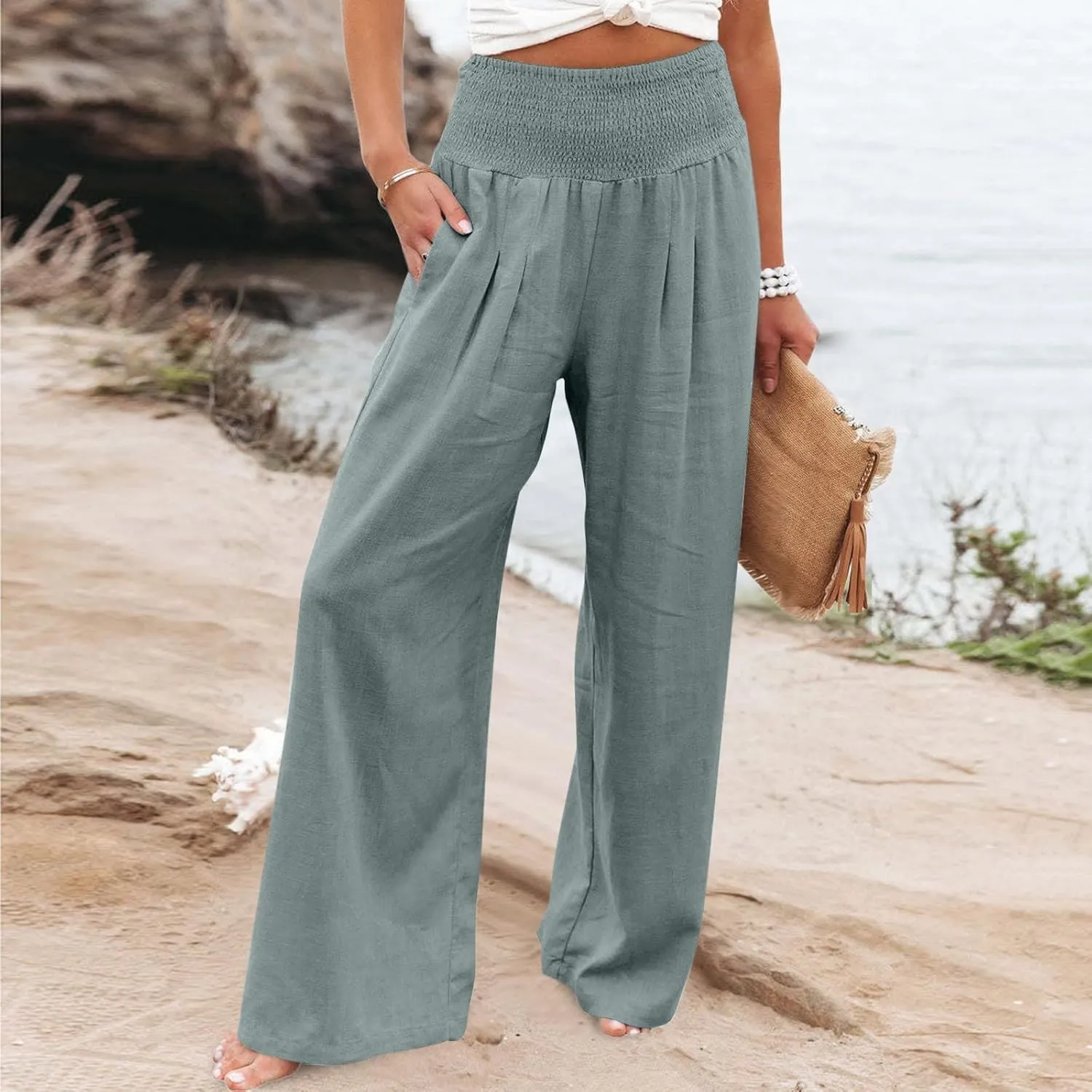 Linen Pants Women High Waisted Wide Leg Palazzo Pants Summer Beach Flowy Pants Casual Dress Pants Lounge Trousers