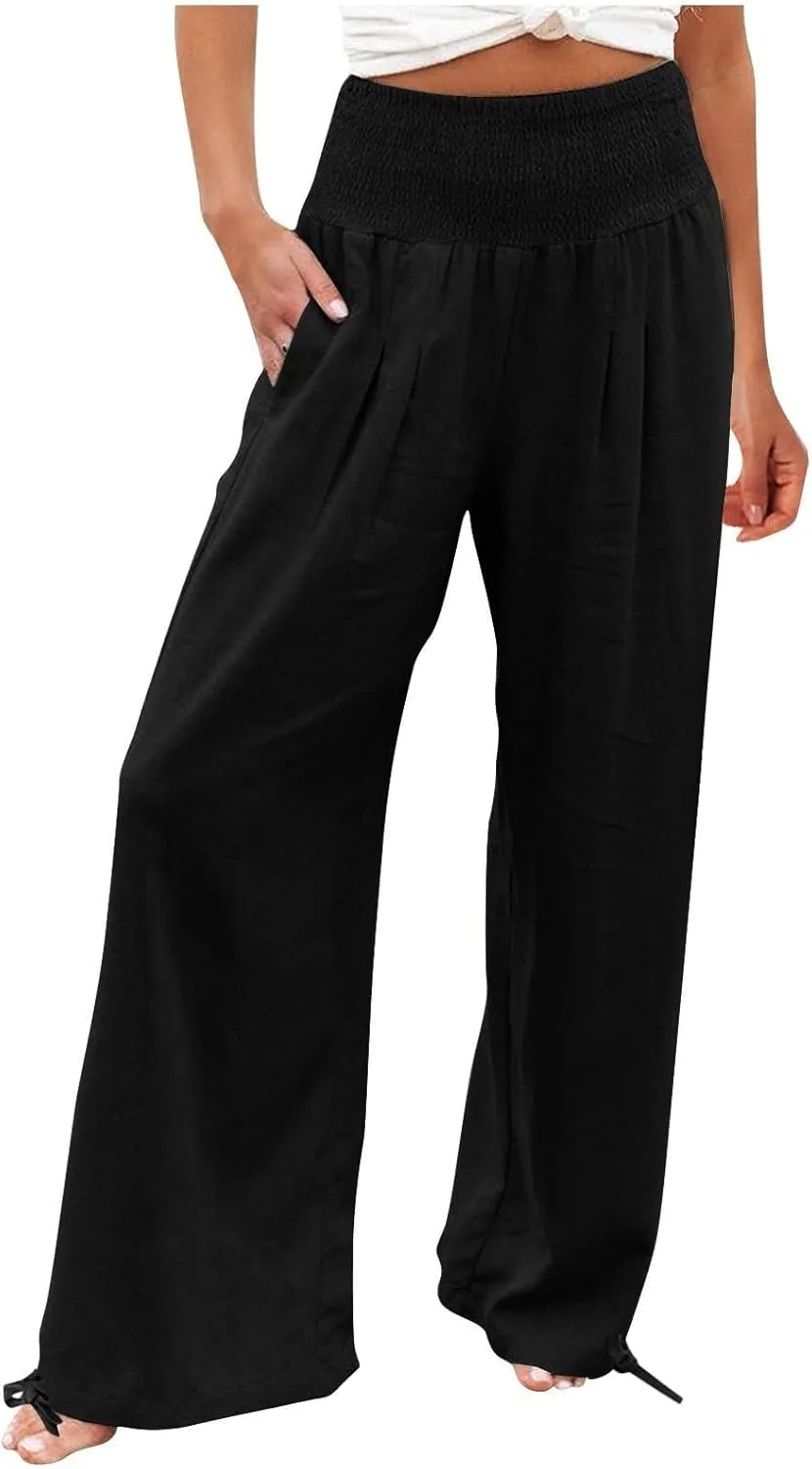 Linen Pants Women High Waisted Wide Leg Palazzo Pants Summer Beach Flowy Pants Casual Dress Pants Lounge Trousers