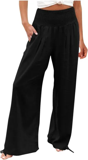 Linen Pants Women High Waisted Wide Leg Palazzo Pants Summer Beach Flowy Pants Casual Dress Pants Lounge Trousers