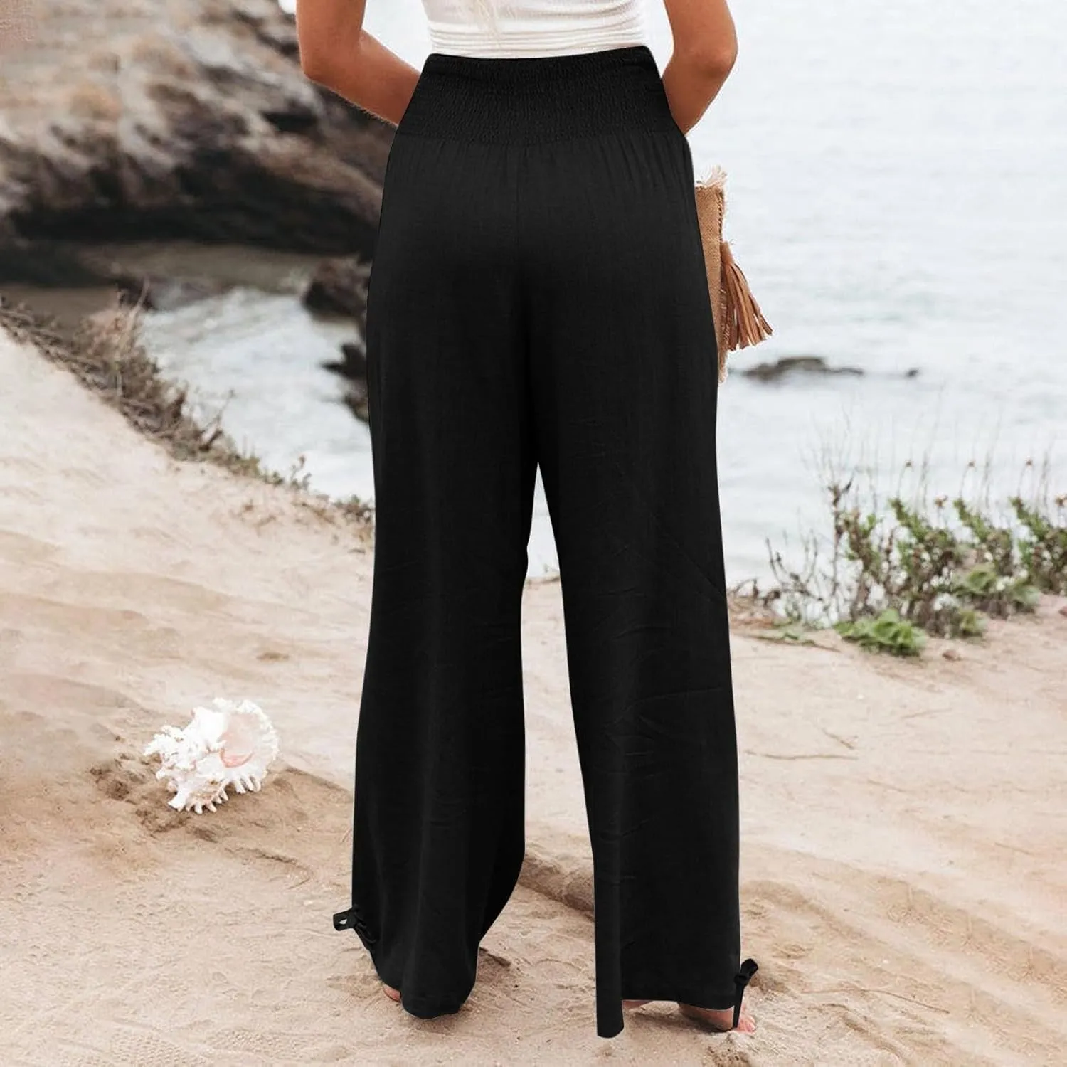 Linen Pants Women High Waisted Wide Leg Palazzo Pants Summer Beach Flowy Pants Casual Dress Pants Lounge Trousers