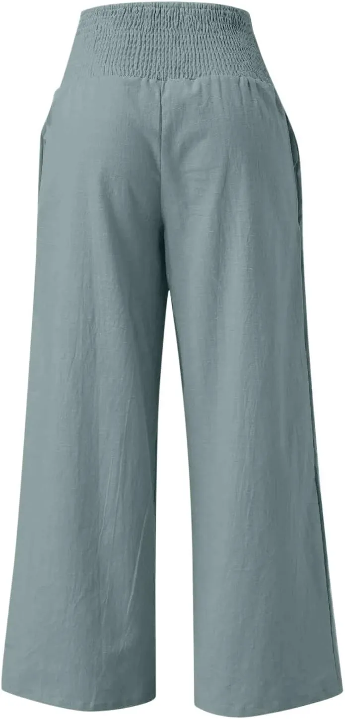 Linen Pants Women High Waisted Wide Leg Palazzo Pants Summer Beach Flowy Pants Casual Dress Pants Lounge Trousers