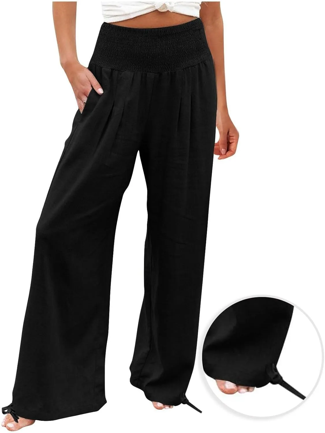 Linen Pants Women High Waisted Wide Leg Palazzo Pants Summer Beach Flowy Pants Casual Dress Pants Lounge Trousers