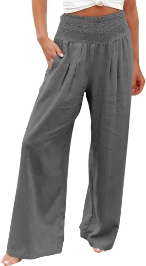 Linen Pants Women High Waisted Wide Leg Palazzo Pants Summer Beach Flowy Pants Casual Dress Pants Lounge Trousers