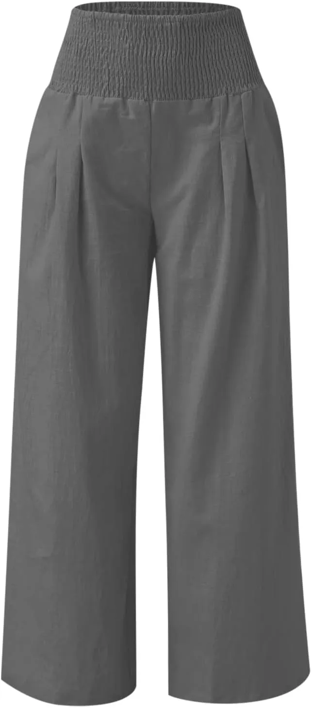 Linen Pants Women High Waisted Wide Leg Palazzo Pants Summer Beach Flowy Pants Casual Dress Pants Lounge Trousers