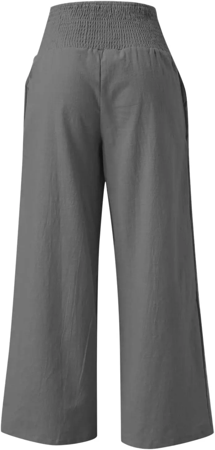 Linen Pants Women High Waisted Wide Leg Palazzo Pants Summer Beach Flowy Pants Casual Dress Pants Lounge Trousers