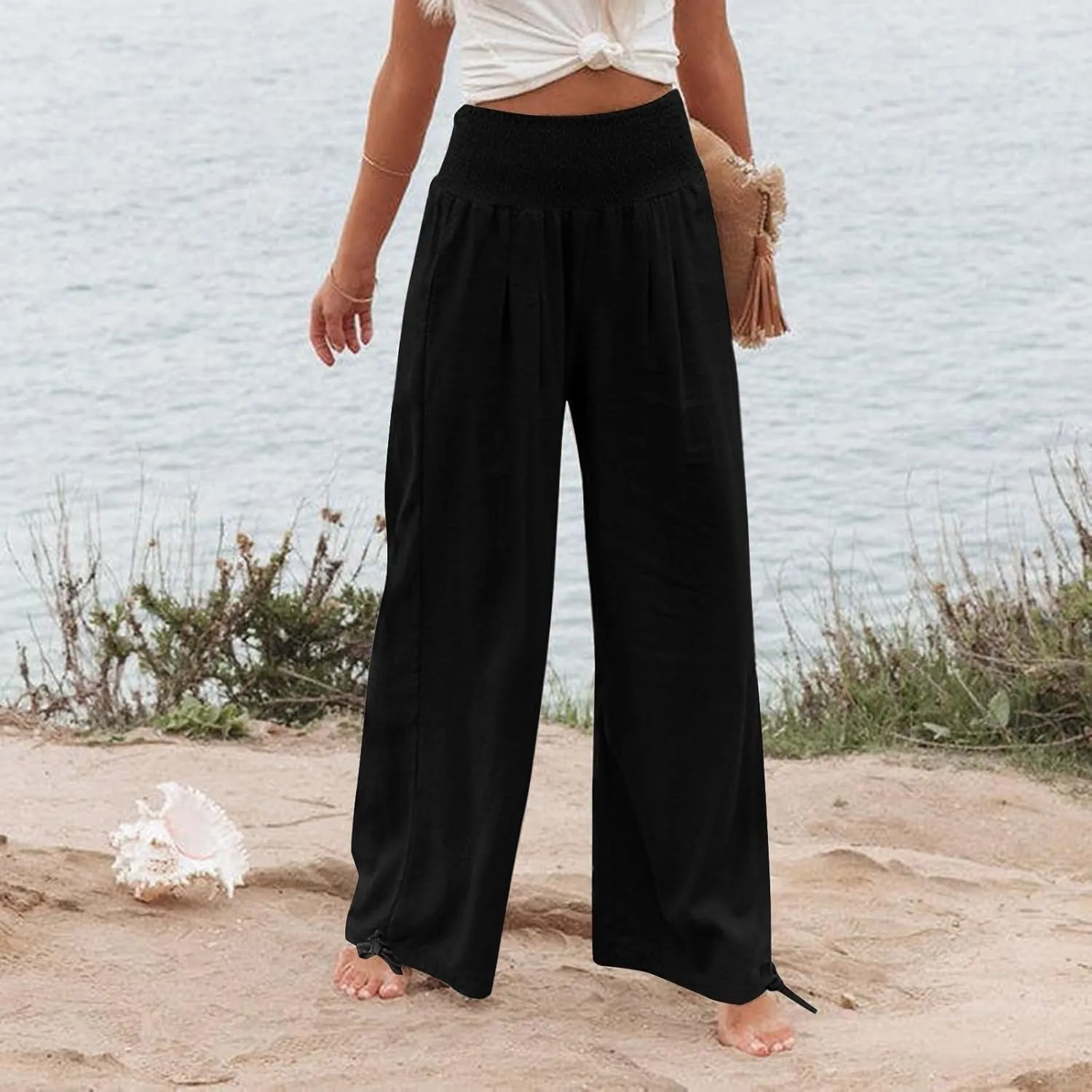 Linen Pants Women High Waisted Wide Leg Palazzo Pants Summer Beach Flowy Pants Casual Dress Pants Lounge Trousers