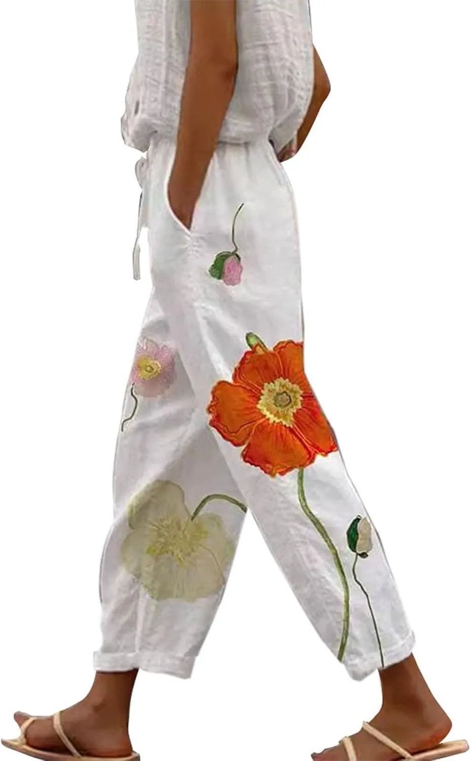Linen Pants Women Petite 2025 Drawstring Pants Capri Pants 2025 Pants with Pockets Wide Leg Cropped Pants Linen