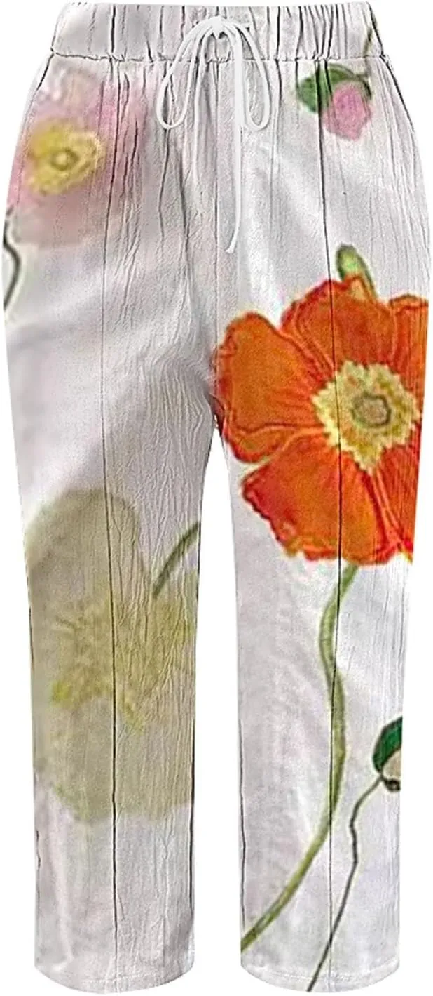 Linen Pants Women Petite 2025 Drawstring Pants Capri Pants 2025 Pants with Pockets Wide Leg Cropped Pants Linen