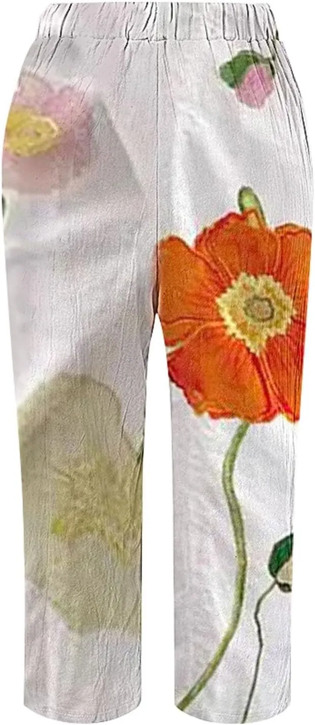 Linen Pants Women Petite 2025 Drawstring Pants Capri Pants 2025 Pants with Pockets Wide Leg Cropped Pants Linen