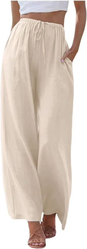 Linen Pants Women Summer Beach Flowy Wide Leg Palazzo Pants Plus Size Drawstring Vacation Outfits Pants Trousers with Pockets