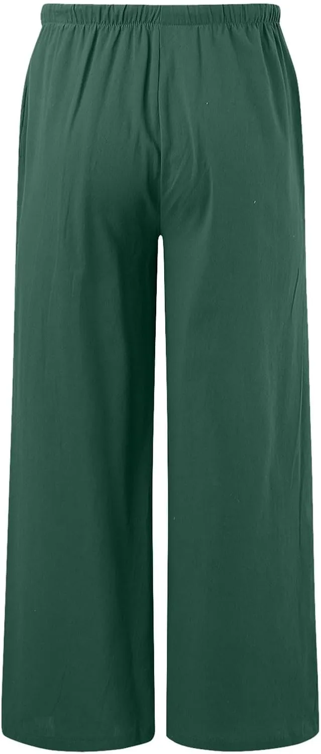 Linen Pants Women Summer Beach Flowy Wide Leg Palazzo Pants Plus Size Drawstring Vacation Outfits Pants Trousers with Pockets