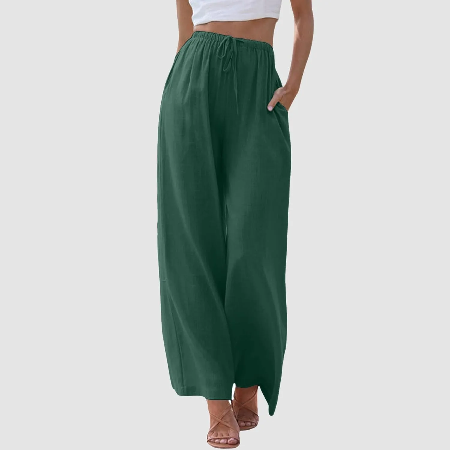 Linen Pants Women Summer Beach Flowy Wide Leg Palazzo Pants Plus Size Drawstring Vacation Outfits Pants Trousers with Pockets
