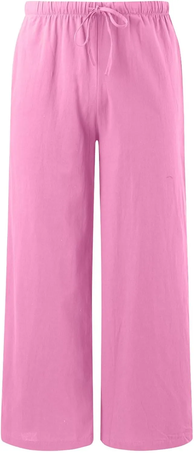 Linen Pants Women Summer Beach Flowy Wide Leg Palazzo Pants Plus Size Drawstring Vacation Outfits Pants Trousers with Pockets
