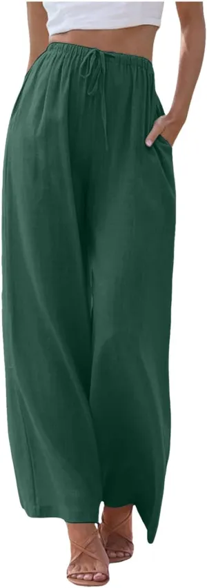 Linen Pants Women Summer Beach Flowy Wide Leg Palazzo Pants Plus Size Drawstring Vacation Outfits Pants Trousers with Pockets