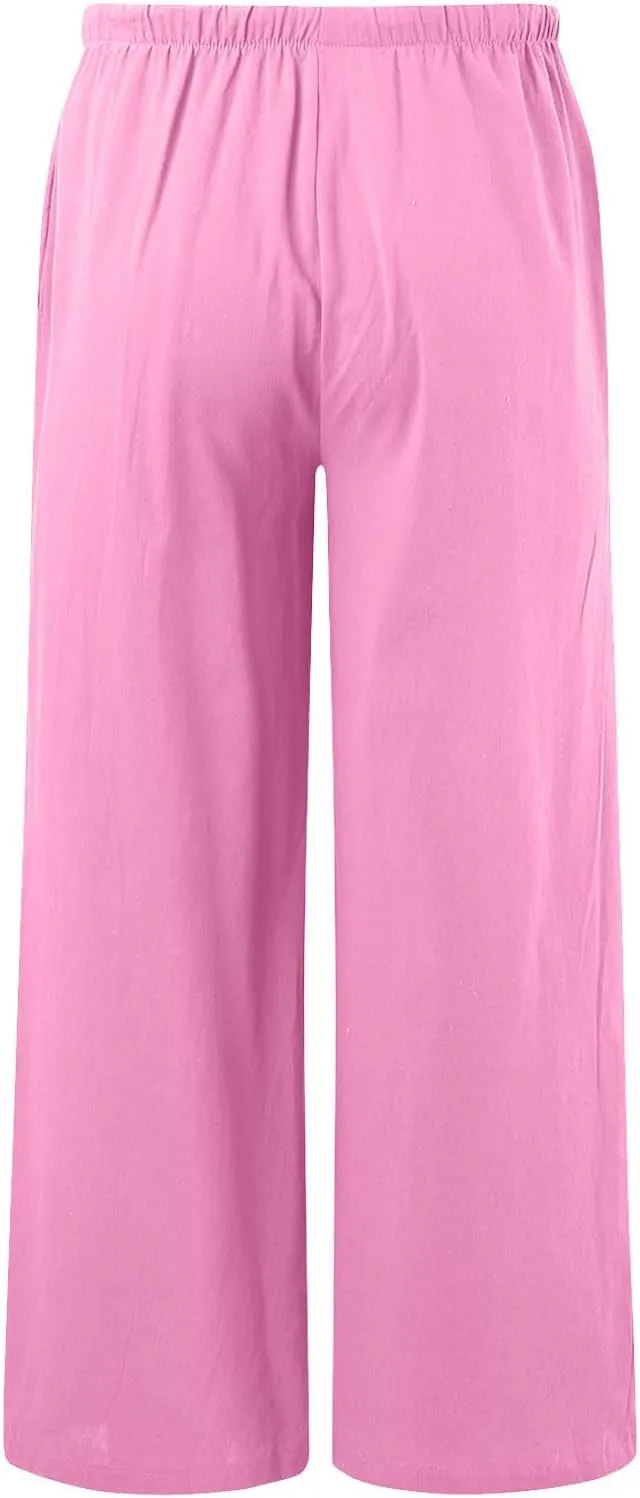 Linen Pants Women Summer Beach Flowy Wide Leg Palazzo Pants Plus Size Drawstring Vacation Outfits Pants Trousers with Pockets