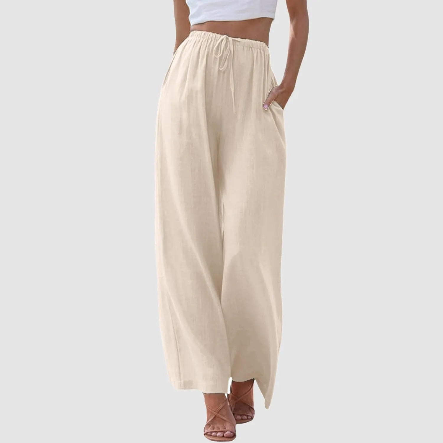 Linen Pants Women Summer Beach Flowy Wide Leg Palazzo Pants Plus Size Drawstring Vacation Outfits Pants Trousers with Pockets