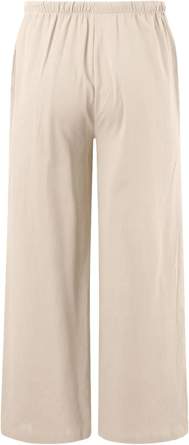 Linen Pants Women Summer Beach Flowy Wide Leg Palazzo Pants Plus Size Drawstring Vacation Outfits Pants Trousers with Pockets