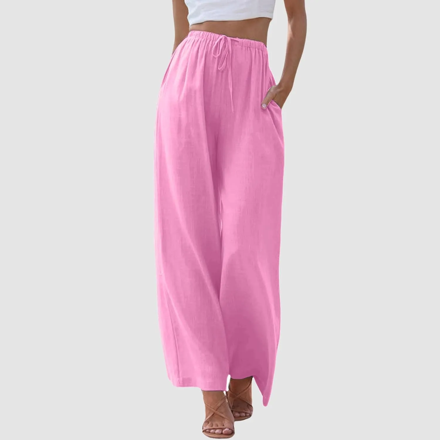 Linen Pants Women Summer Beach Flowy Wide Leg Palazzo Pants Plus Size Drawstring Vacation Outfits Pants Trousers with Pockets