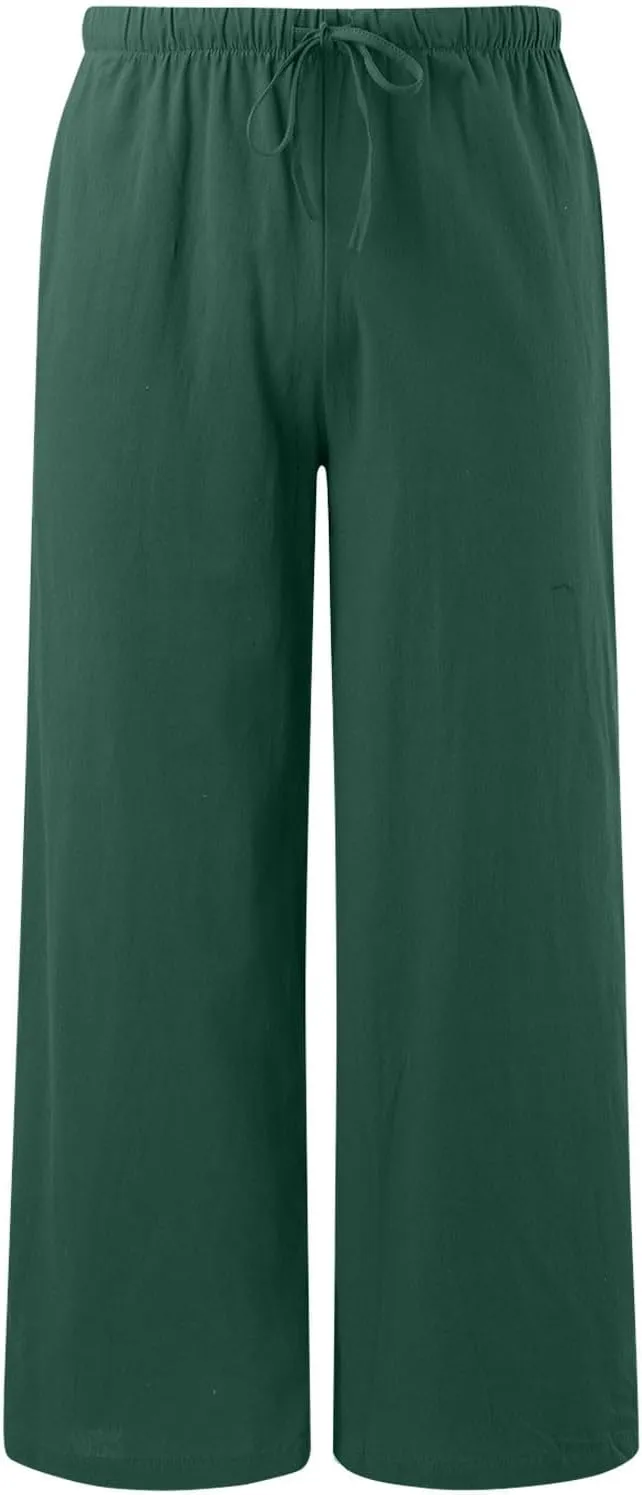 Linen Pants Women Summer Beach Flowy Wide Leg Palazzo Pants Plus Size Drawstring Vacation Outfits Pants Trousers with Pockets