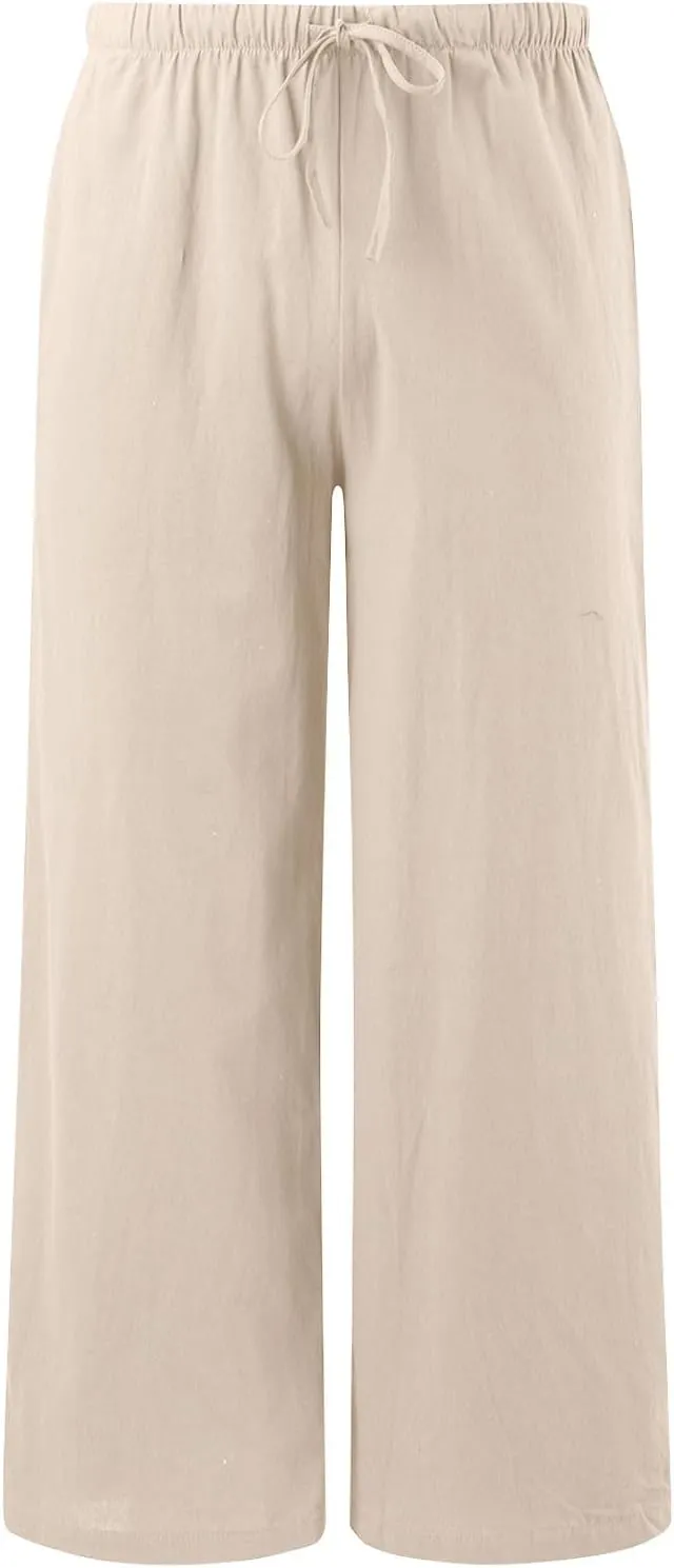 Linen Pants Women Summer Beach Flowy Wide Leg Palazzo Pants Plus Size Drawstring Vacation Outfits Pants Trousers with Pockets