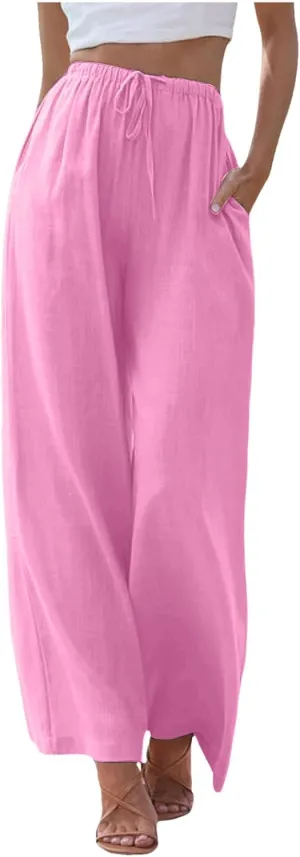 Linen Pants Women Summer Beach Flowy Wide Leg Palazzo Pants Plus Size Drawstring Vacation Outfits Pants Trousers with Pockets