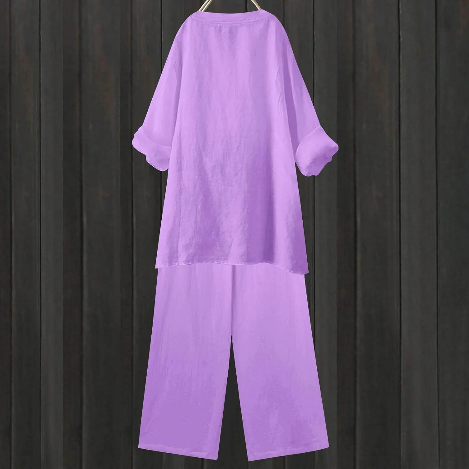 Linen Sets for Women 2 Piece Dressy Casual Long Sleeve Button Down Shirts Wide Leg Pants Plus Size Loungewear