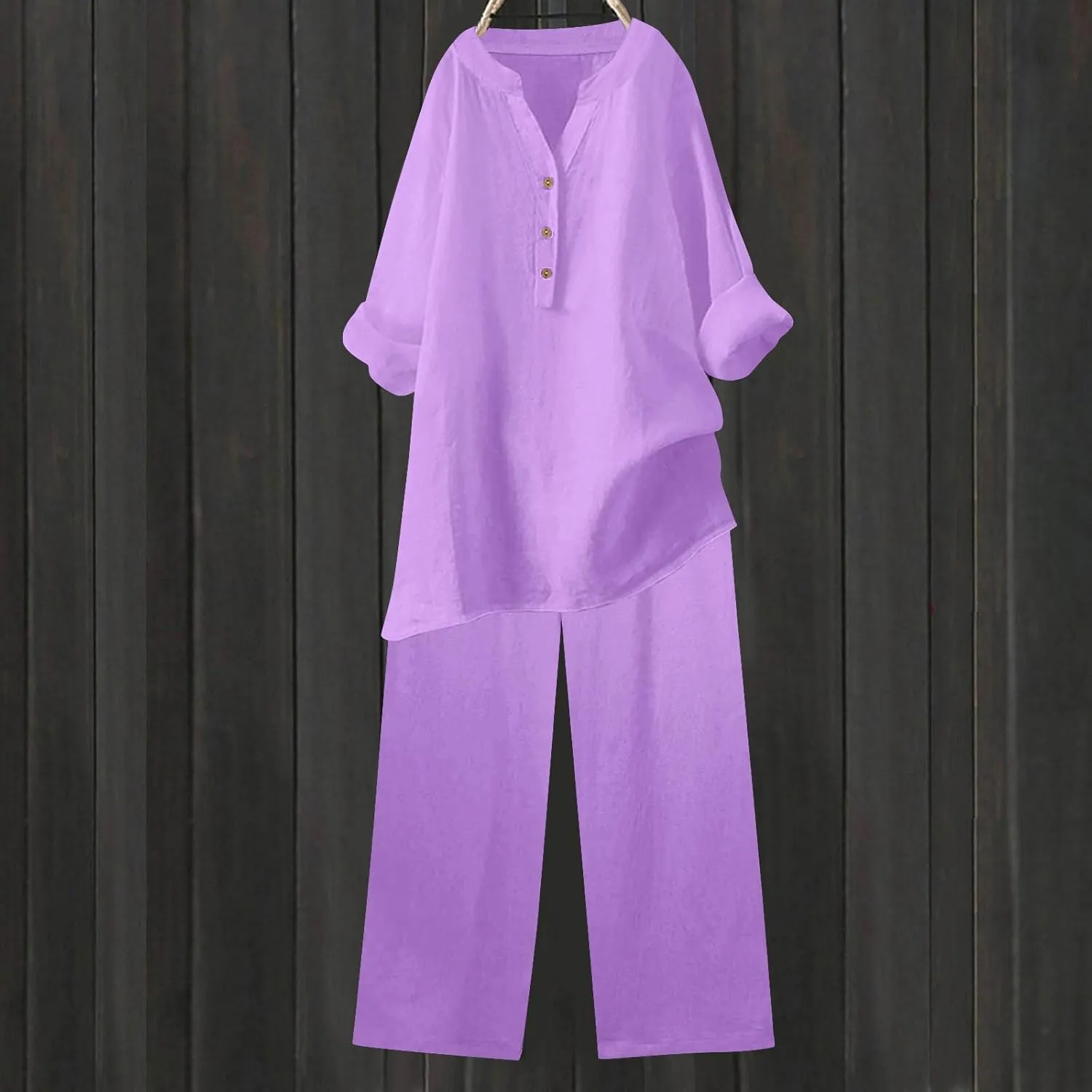 Linen Sets for Women 2 Piece Dressy Casual Long Sleeve Button Down Shirts Wide Leg Pants Plus Size Loungewear