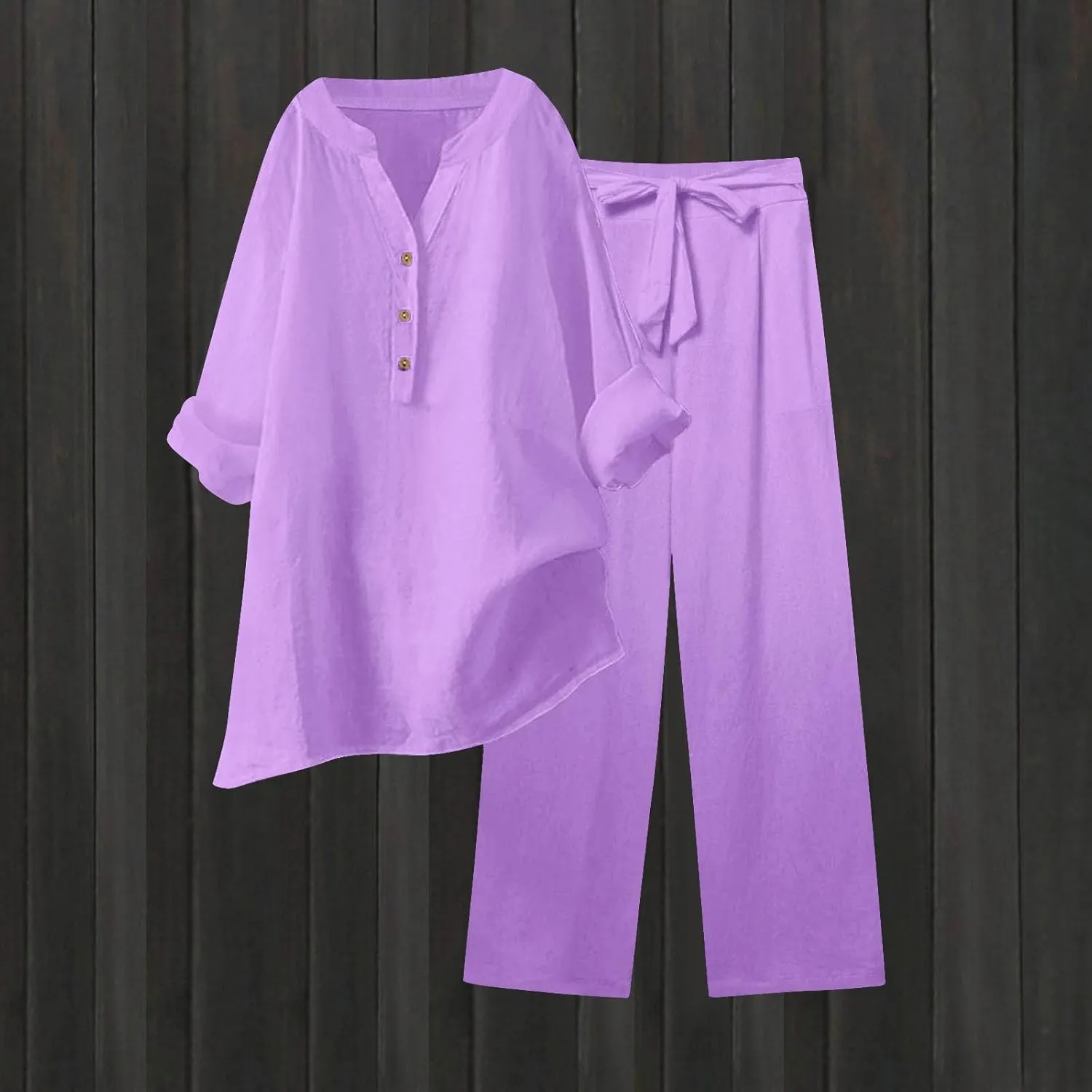 Linen Sets for Women 2 Piece Dressy Casual Long Sleeve Button Down Shirts Wide Leg Pants Plus Size Loungewear