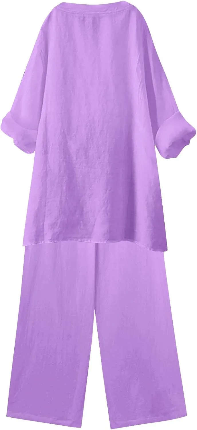 Linen Sets for Women 2 Piece Dressy Casual Long Sleeve Button Down Shirts Wide Leg Pants Plus Size Loungewear