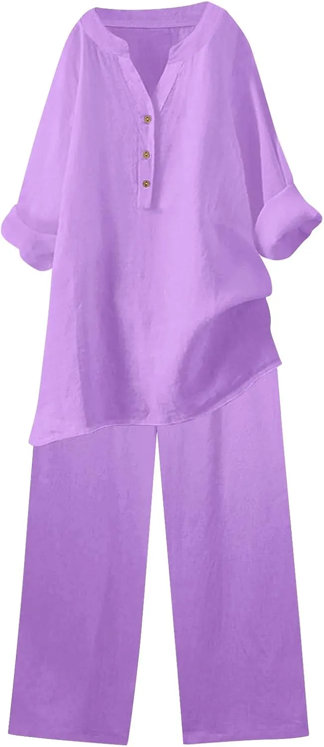 Linen Sets for Women 2 Piece Dressy Casual Long Sleeve Button Down Shirts Wide Leg Pants Plus Size Loungewear