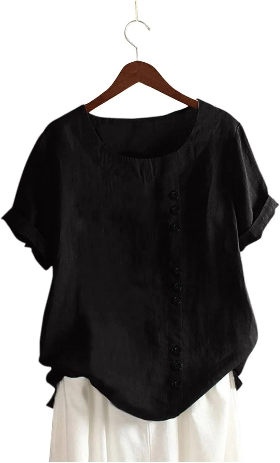 Linen Shirt for Women 2025 Casual Loose Fit Summer Tops Floral Printed Crew Neck Buttons Short Sleeve Trendy Blouses
