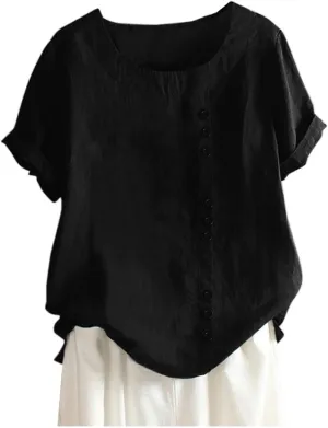 Linen Shirt for Women 2025 Casual Loose Fit Summer Tops Floral Printed Crew Neck Buttons Short Sleeve Trendy Blouses