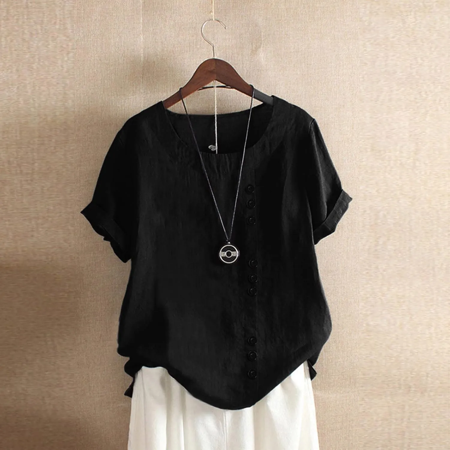 Linen Shirt for Women 2025 Casual Loose Fit Summer Tops Floral Printed Crew Neck Buttons Short Sleeve Trendy Blouses
