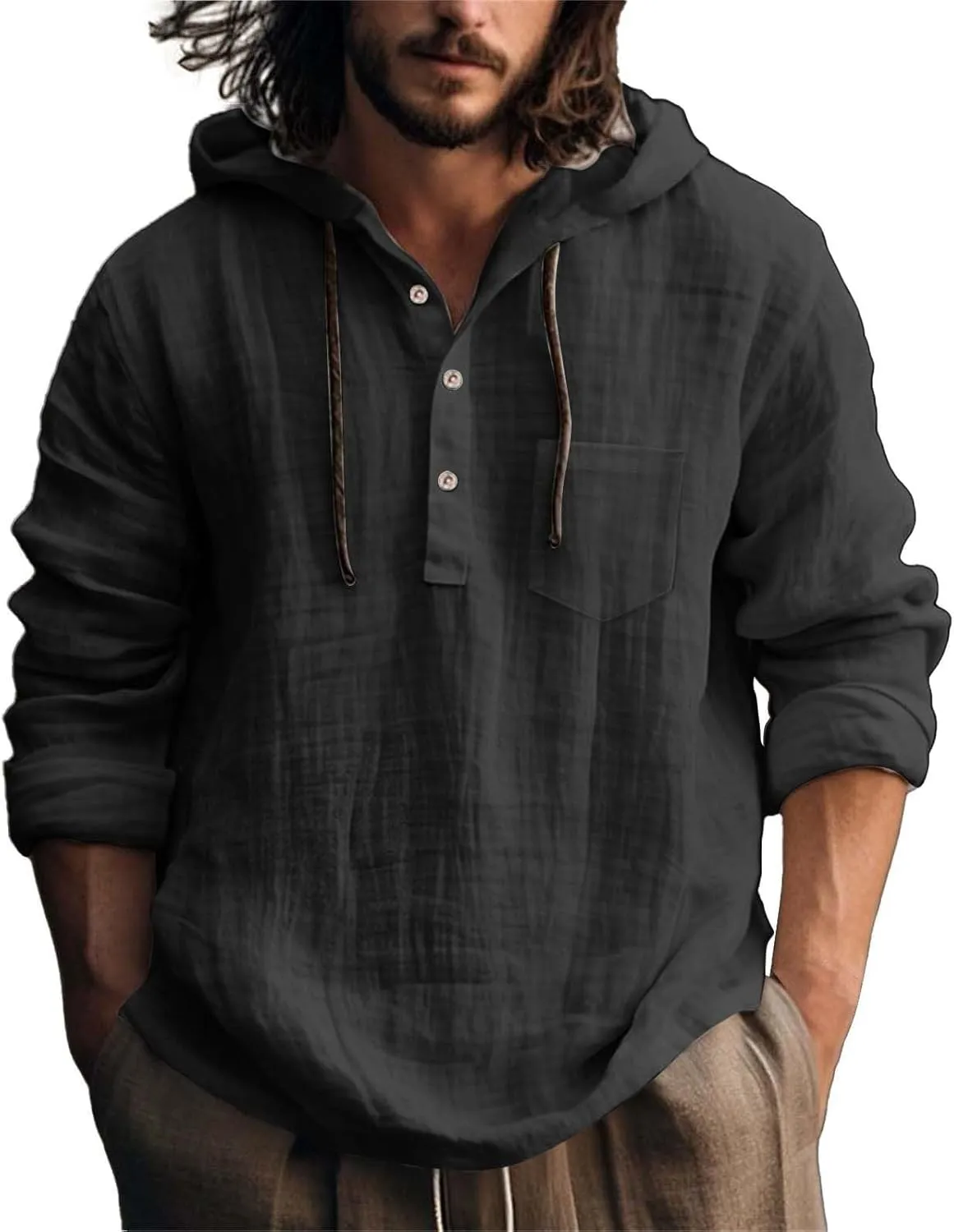 Linen Shirts for Men Lightweight Button Up Long Sleeve Hoodies Sweatshirts Lightweight Hawaiian Beach Hippie Shirt