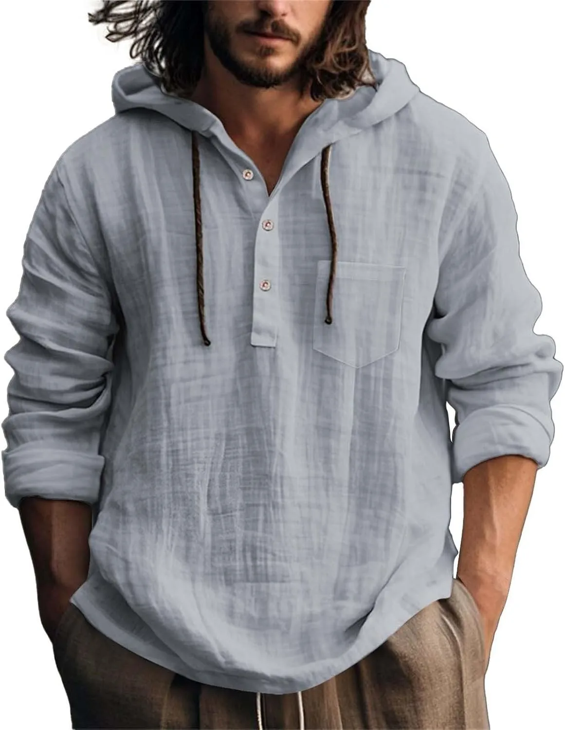 Linen Shirts for Men Lightweight Button Up Long Sleeve Hoodies Sweatshirts Lightweight Hawaiian Beach Hippie Shirt