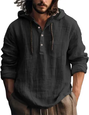 Linen Shirts for Men Lightweight Button Up Long Sleeve Hoodies Sweatshirts Lightweight Hawaiian Beach Hippie Shirt