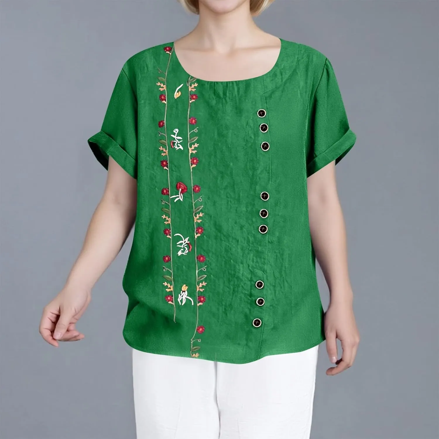 Linen Shirts for Women Loose Fit 2025 Summer Casual Crewneck Short Sleeve Tshirts Embroidery Lightweight Gauze Tops