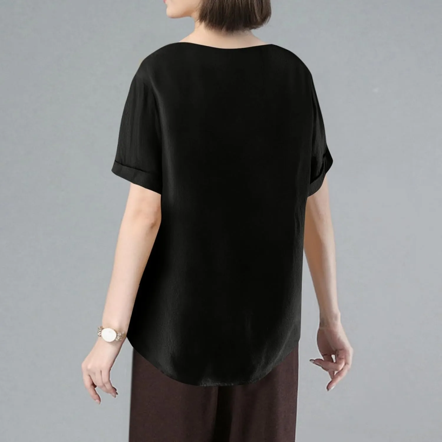 Linen Shirts for Women Loose Fit 2025 Summer Casual Crewneck Short Sleeve Tshirts Embroidery Lightweight Gauze Tops