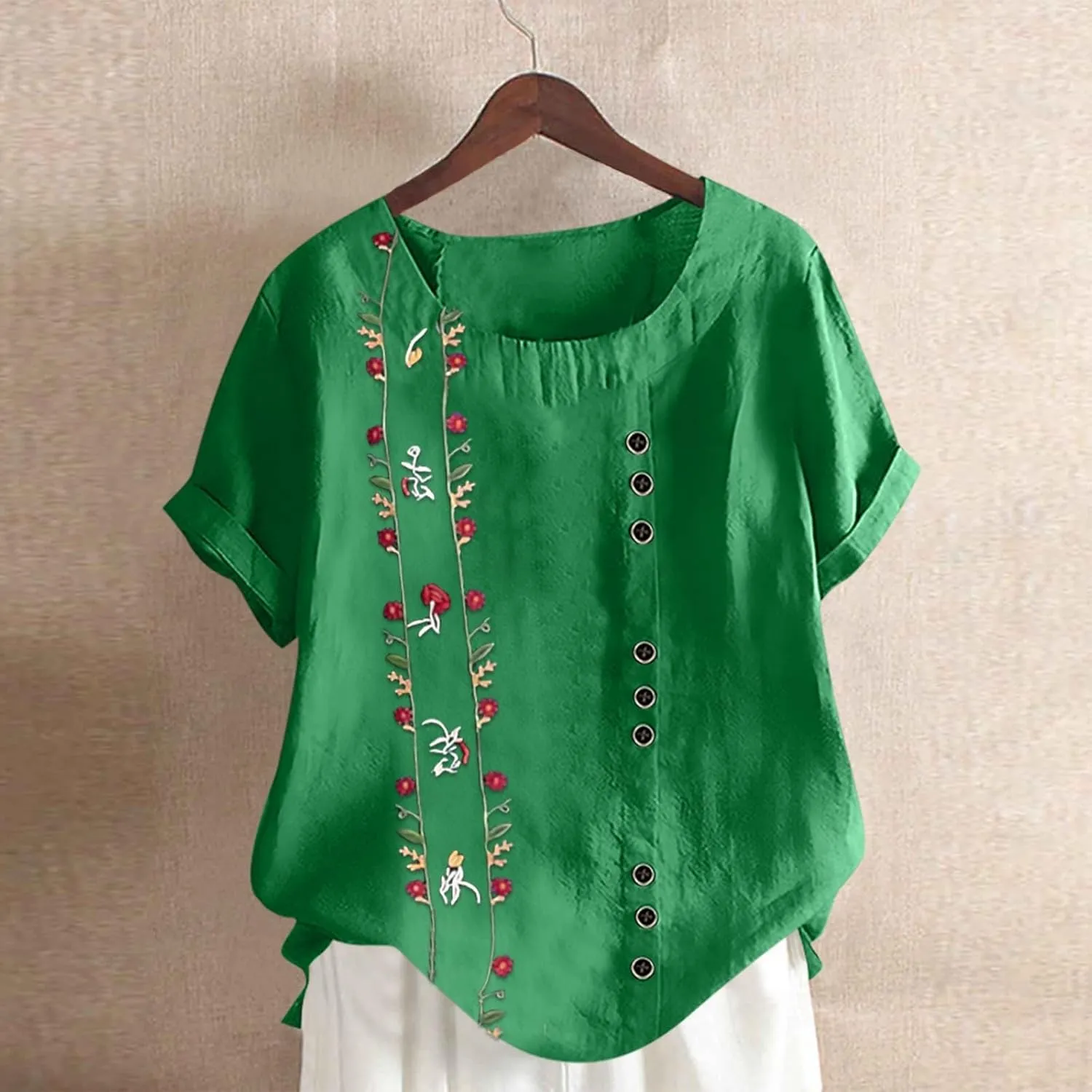Linen Shirts for Women Loose Fit 2025 Summer Casual Crewneck Short Sleeve Tshirts Embroidery Lightweight Gauze Tops