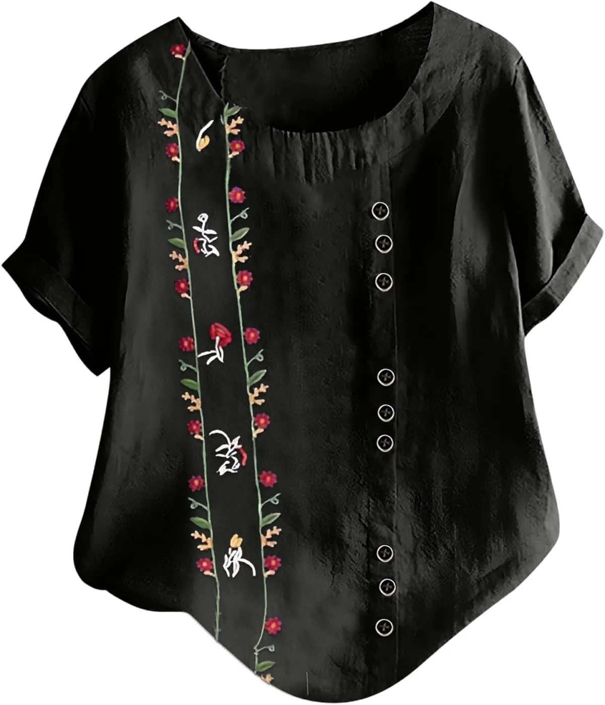 Linen Shirts for Women Loose Fit 2025 Summer Casual Crewneck Short Sleeve Tshirts Embroidery Lightweight Gauze Tops