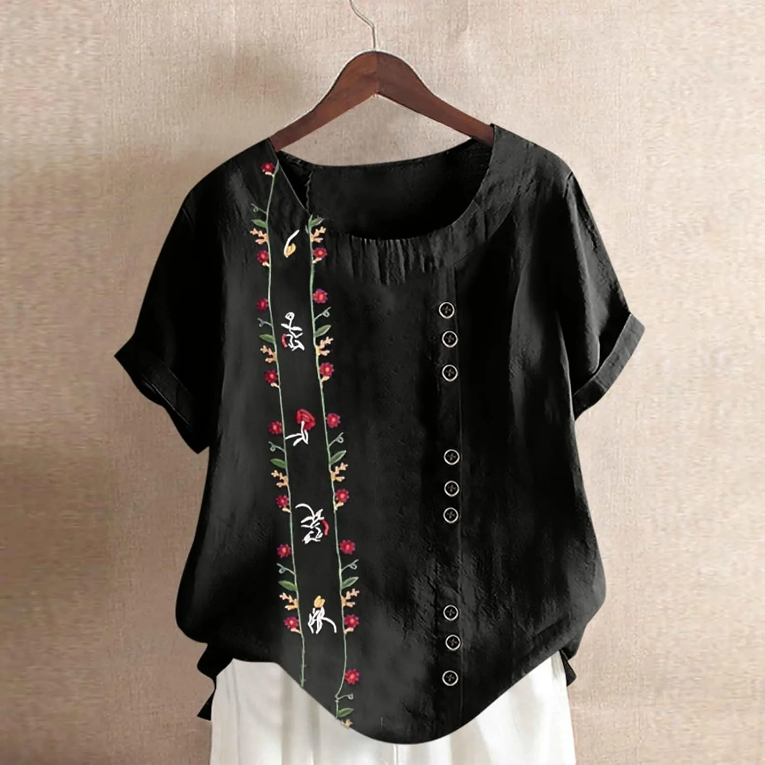 Linen Shirts for Women Loose Fit 2025 Summer Casual Crewneck Short Sleeve Tshirts Embroidery Lightweight Gauze Tops