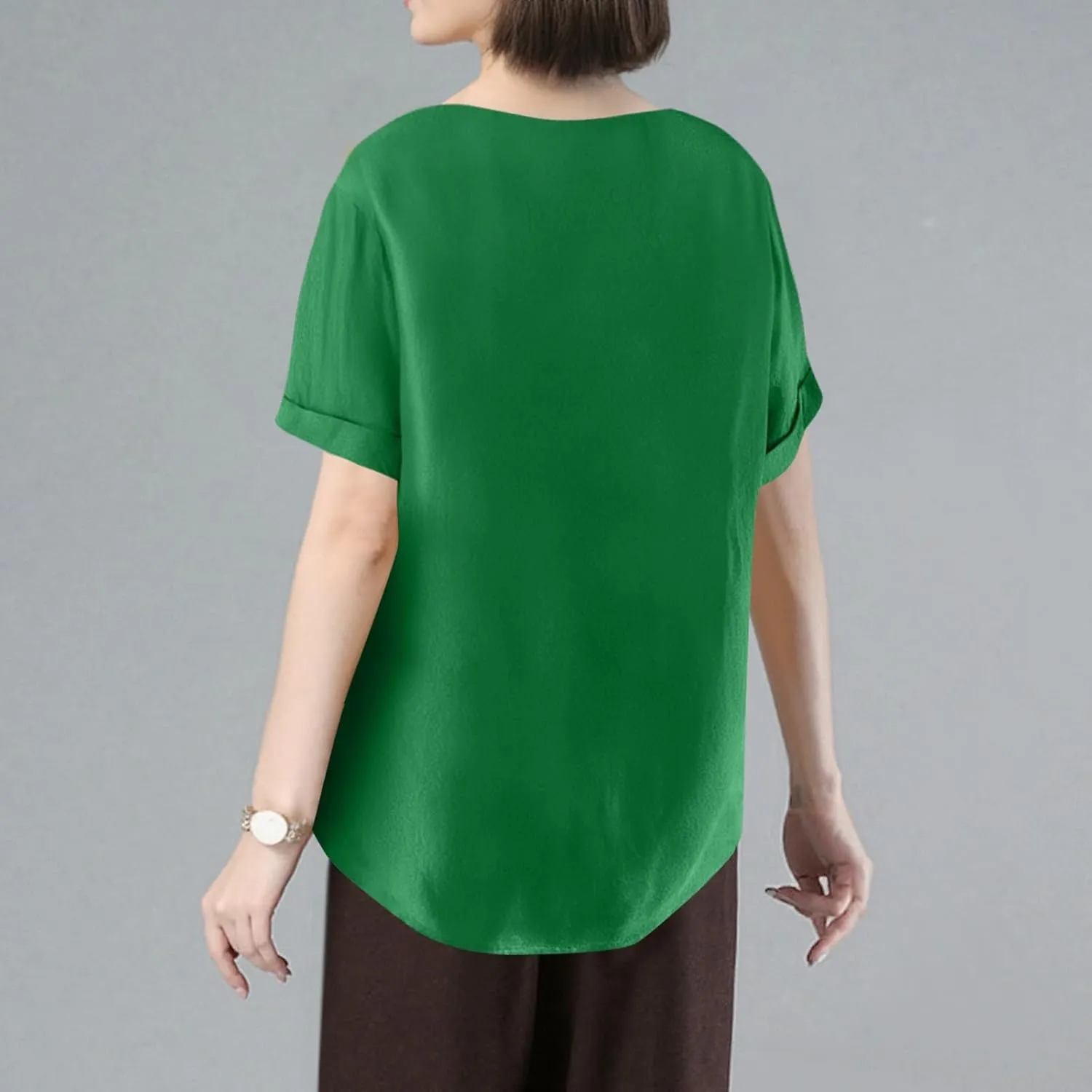 Linen Shirts for Women Loose Fit 2025 Summer Casual Crewneck Short Sleeve Tshirts Embroidery Lightweight Gauze Tops