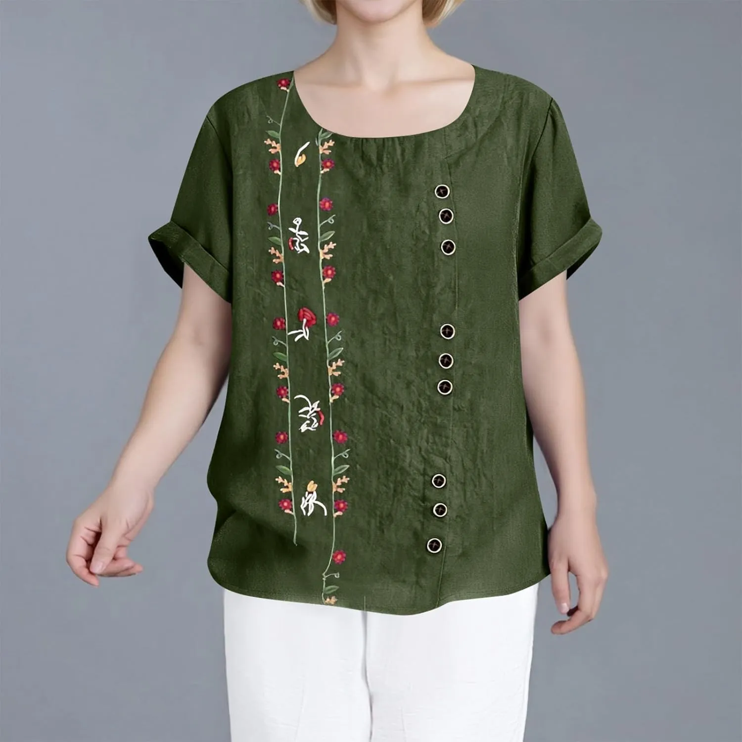 Linen Shirts for Women Loose Fit 2025 Summer Casual Crewneck Short Sleeve Tshirts Embroidery Lightweight Gauze Tops