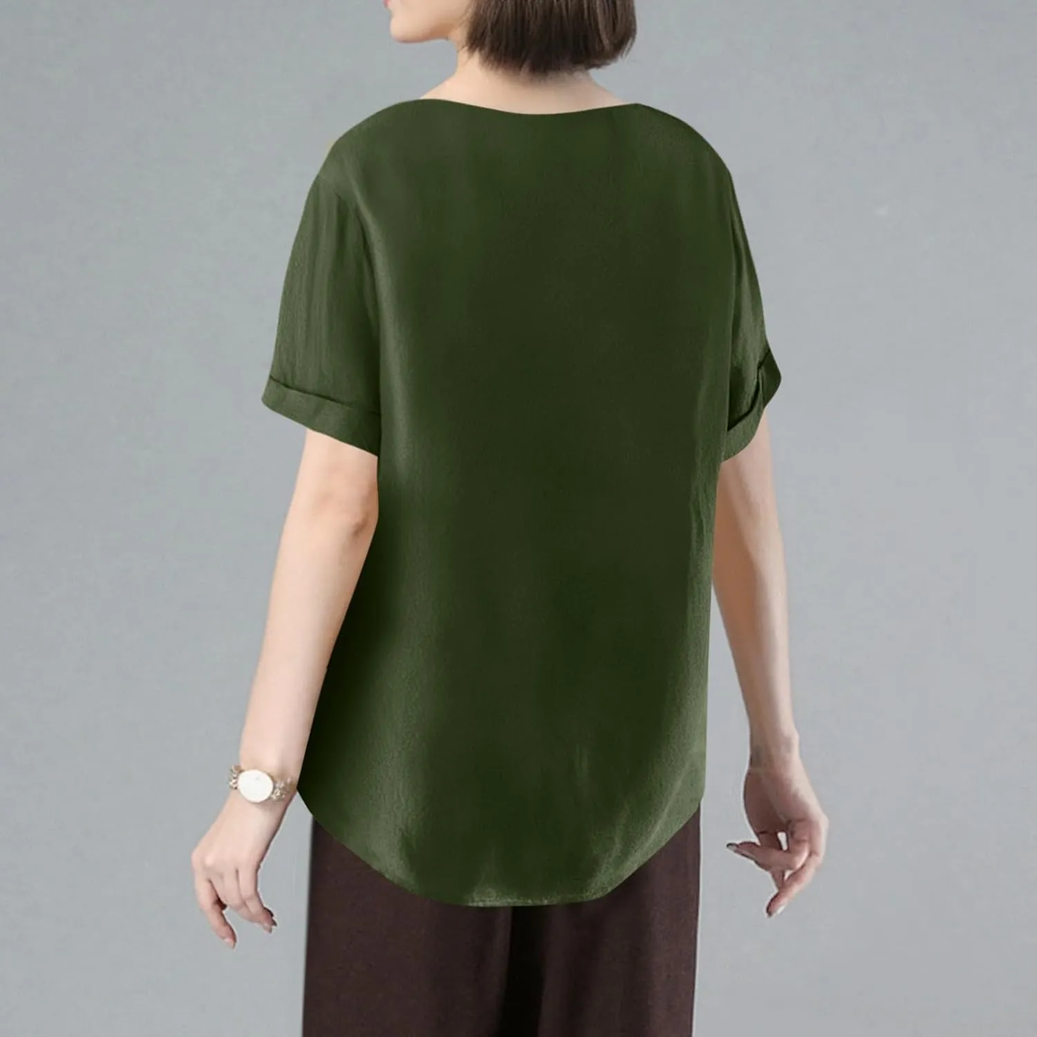 Linen Shirts for Women Loose Fit 2025 Summer Casual Crewneck Short Sleeve Tshirts Embroidery Lightweight Gauze Tops
